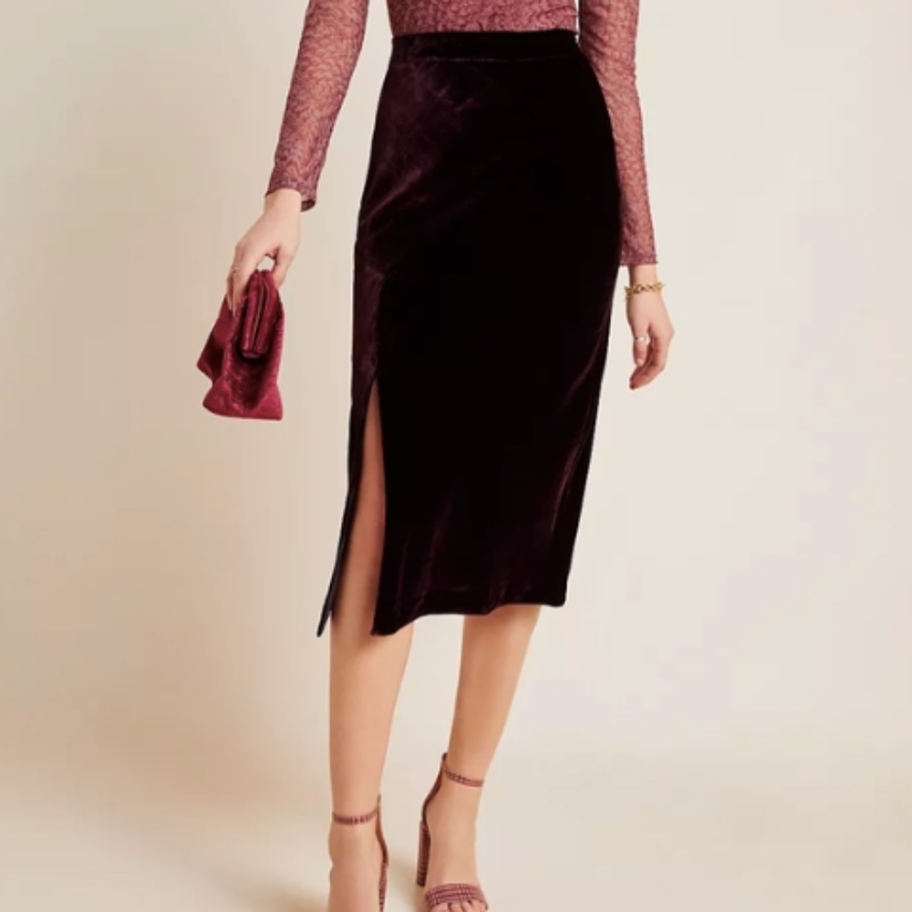 Anthropologie Maeve Womens Dark Plum Velvet Slit Midi Skirt